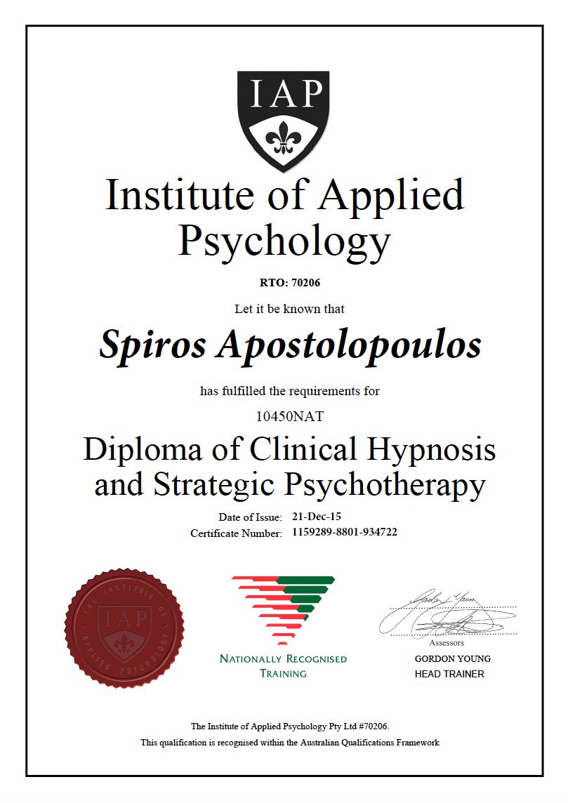 Spiro's Diploma of Clinical Hypnosis and Strategic Psychotherapy from the Institute of Applied Psychology