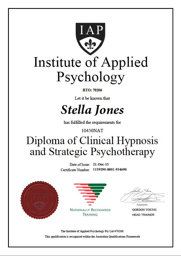 Stella's Diploma of Clinical Hypnosis and Strategic Psychotherapy from the Institute of Applied Psychology